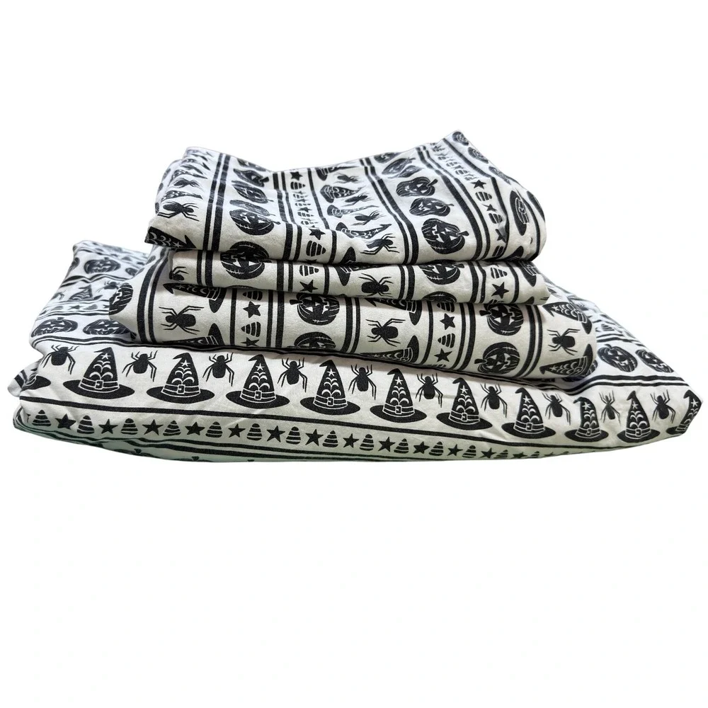 Rachel Zoe Halloween Cotton Sheet Set Black White Pumpkin Witch Hat Spider